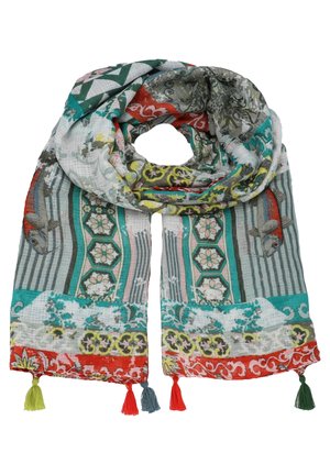 Lichte sjaal met bloem- en geometrische patronen, vismotieven en meerkleurige kwastjes op elke hoek.