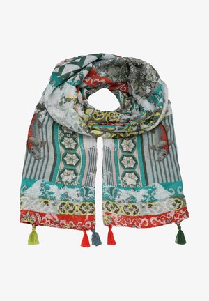 Lichte sjaal met bloem- en geometrische patronen, vismotieven en meerkleurige kwastjes op elke hoek.