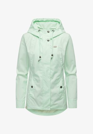 Giacca antipioggia da donna con cappuccio verde menta, coulisse anteriori, bottoni a pressione e due tasche laterali con chiusura a bottone.