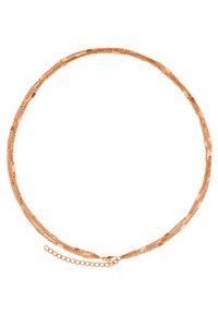 Metalen rosegouden ketting met verweven schakels van verschillende breedtes en een verstelbare haaksluiting met extra kettinglengte.