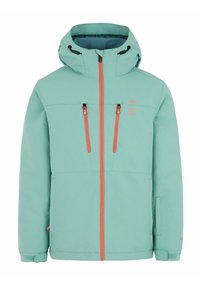 Veste vert menthe avec capuche, dotée de fermetures éclair orange, de deux poches poitrine et d'un design épuré. Le tissu semble lisse avec des coutures minimales.