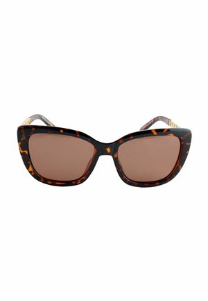 Cat-eye sunglasses with a tortoiseshell pattern, brown lenses, and gold-tone accents on the arms. Plastic frame with angled design.