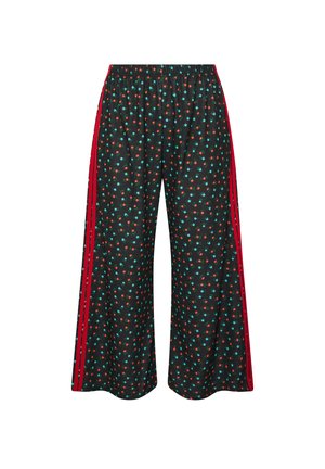 Pantalones de pierna ancha negros con un patrón floral en rojo y turquesa, que presentan una franja lateral roja y una cintura elástica.