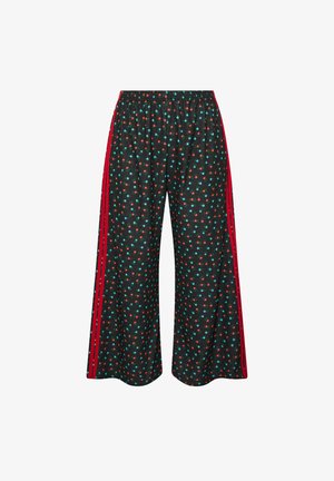 Schwarzweite-Beingepolsterte Hose mit einem floralen Muster in Rot und Türkis, mit einem roten Seitenstreifen und einem elastischen Taillenbund.