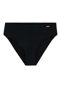 Čierne bikiny s jemným horizontálnym pruhovaním, vyrobené z hladkého, elastického materiálu, s pohodlným vysokým pásom.