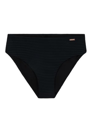 Parte inferiore di bikini nera con un sottile motivo a righe orizzontali, realizzata in materiale liscio e elastico, con una comoda vestibilità a vita alta.