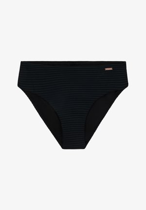 Crni donji dio badića s suptilnim horizontalnim prugama, izrađen od glatkog, rastezljivog materijala, s udobnim visokim strukom.