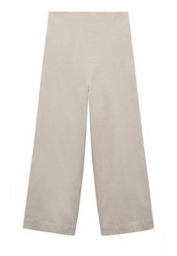 Bežové široké kalhoty s vysokým pasem a zkrácenou délkou, vyrobené z měkké, hladké tkaniny.