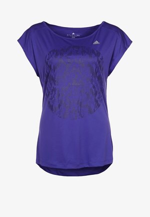 Camiseta deportiva púrpura con cuello redondo, mangas cortas y un patrón negro texturizado en la parte delantera. Presenta un dobladillo curvo.