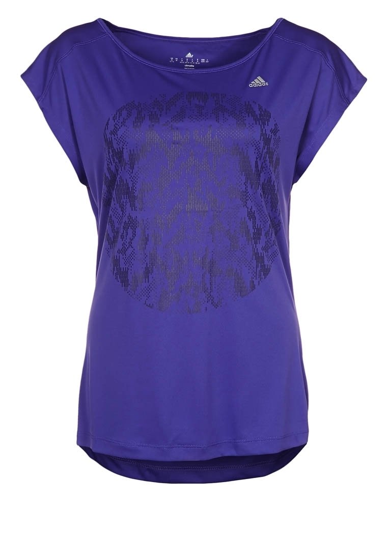 Fialové sportovní tričko s kulatým výstřihem, krátkými rukávy a texturovaným černým vzorem na přední straně. Má zakřivený lem.