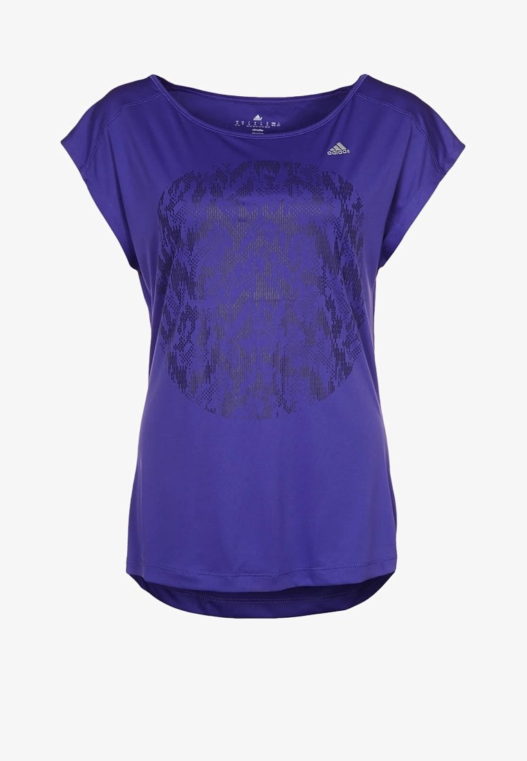 Fialové sportovní tričko s kulatým výstřihem, krátkými rukávy a texturovaným černým vzorem na přední straně. Má zakřivený lem.