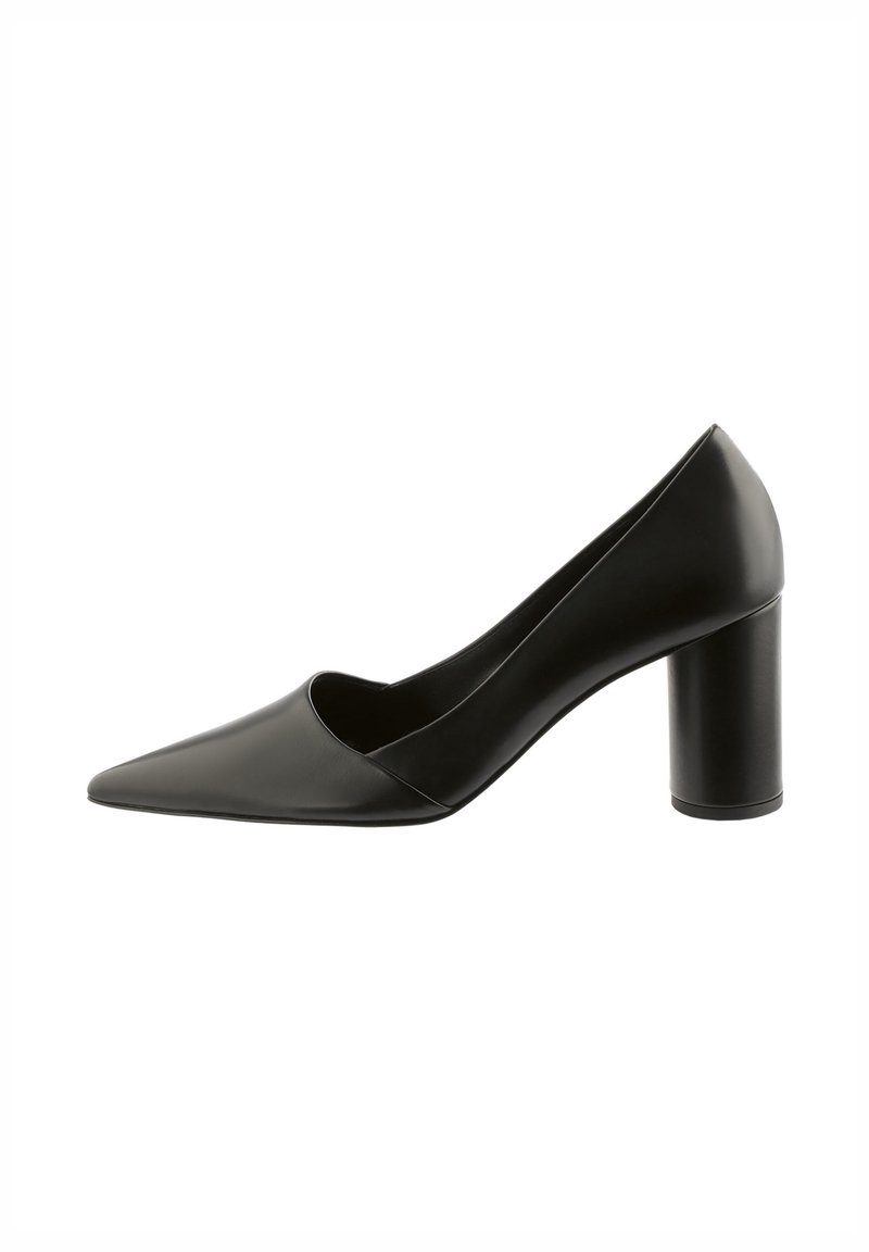 Black leather pointed-toe pump with a high, chunky cylindrical heel, shown in profile against a white background.