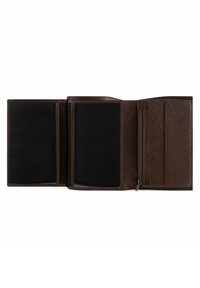 Brown leather wallet opened to reveal two black card slots, a zippered compartment, and textured leather accents. No visible branding.
