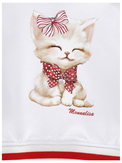 Sudadera blanca con un gato de dibujos animados que lleva un lazo a rayas rojas y blancas y una corbata de pajarita con puntos adornada con brillantes. Incluye el texto "Monnalisa".