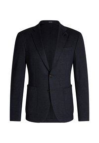 Marineblauer, maßgeschneiderter Blazer mit Reverskragen, zwei Fronttaschen und Ein-Knopf-Verschluss. Hergestellt aus strukturiertem Stoff mit einem dezenten Muster.