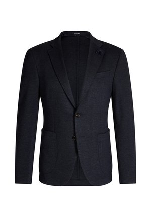 Marineblauer, maßgeschneiderter Blazer mit Reverskragen, zwei Fronttaschen und Ein-Knopf-Verschluss. Hergestellt aus strukturiertem Stoff mit einem dezenten Muster.