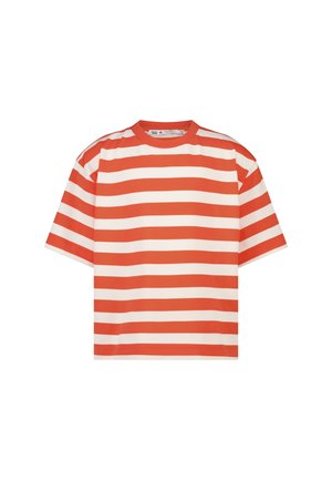 T-shirt à manches courtes avec larges rayures horizontales orange et blanches et un col rond sur fond blanc.