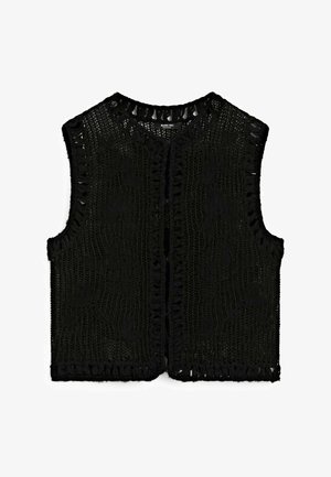 Gilet en tricot noir avec un motif floral et des bords à franges. Conception à l'avant ouvert, sans manches, avec un tissu texturé et tissé.