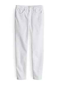 Jeans skinny in denim bianco con cinque tasche, chiusura lampo e bottone. Presentano cuciture discrete e una finitura liscia e strutturata.