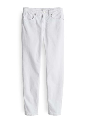 White denim skinny jeans with five pockets, a zip fly, and button closure. Features subtle stitching and a smooth, textured finish.