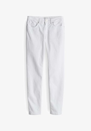 White denim skinny jeans with five pockets, a zip fly, and button closure. Features subtle stitching and a smooth, textured finish.