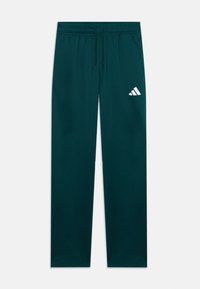 Pantalons de jogging en polyester vert foncé avec une taille à cordon et un accent logo blanc sur la cuisse gauche. Texture lisse, design à jambe droite.