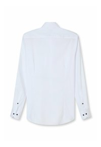 Weißes Langarmhemd mit spitzem Kragen, Knopfmanschetten und glatter Textur. Verfügt über schwarze Knöpfe an den Manschetten und eine taillierte Passform.