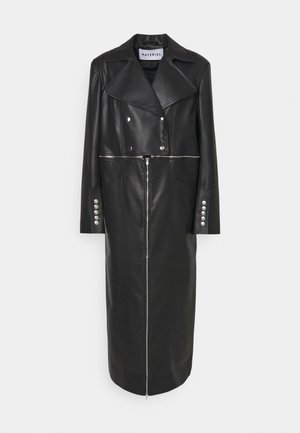 Black leather coat with long sleeves, double-breasted front, zip closure, and decorative silver buttons along the cuffs and waistline.