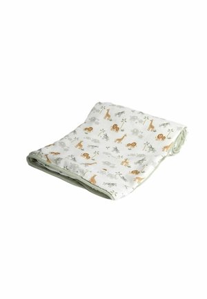 Opgevouwen babydeken met lichtgroene rand, bedrukt met giraffen, leeuwen, olifanten en zebra's op een witte achtergrond.