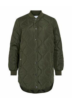 Longue veste matelassée olive avec boutons-pression, poignets et col côtelés, et deux poches latérales.