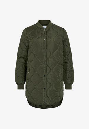 Pitkä oliivinvihreä tikkitakki, jossa on napit, ribbikuvioidut hihansuut ja kaulus sekä kaksi sivutaskua.