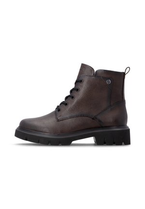 Dark brown leather ankle boot with lace-up front, padded collar, pull tab at heel, and chunky black rubber sole.