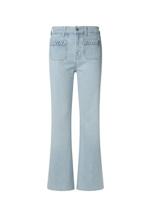 Ljusblå utsvängda jeans i denim. Har sydda fickor med flätade detaljer. Raka ben med en åtsittande midja.
