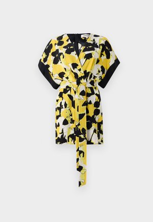 Yellow and black floral wrap dress with short sleeves, belt, and a V-neck. Features a bold pattern and smooth texture.