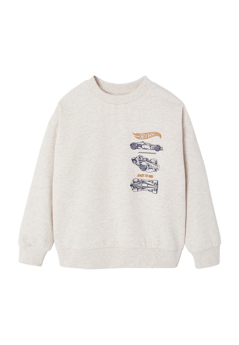 Light beige sweatshirt made of soft fabric. Features a graphic design with racing cars in blue and orange. Ribbed neckline and cuffs.