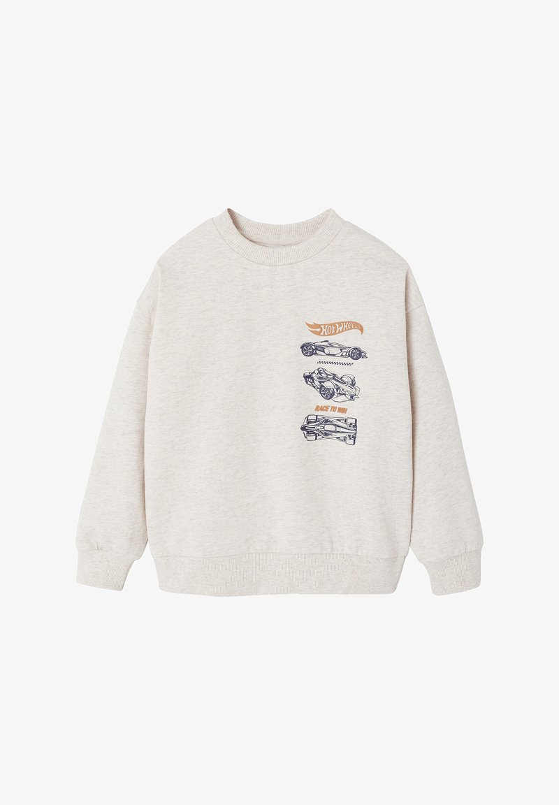 Light beige sweatshirt made of soft fabric. Features a graphic design with racing cars in blue and orange. Ribbed neckline and cuffs.