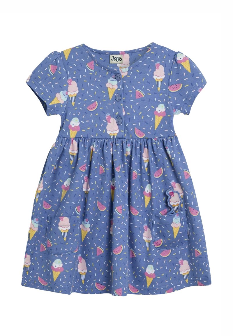 Robe bleue à manches courtes en coton avec un imprimé de glaces et de pastèques, dotée de boutons sur le devant et d'une poche plaquée sur le côté.