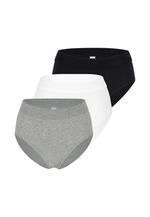 Drei hoch taillierte Damen-Slips in Grau, Weiß und Schwarz, übereinander auf einem weißen Hintergrund angeordnet.