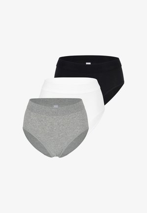 Drei hoch taillierte Damen-Slips in Grau, Weiß und Schwarz, übereinander auf einem weißen Hintergrund angeordnet.