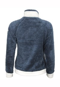 Blauwe, fuzzy, hoge pile fleece pullover met een witte onderband en kraag. Heeft een snug fit en raglanmouwen voor flexibiliteit.