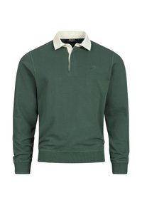 Groene pullovertrui met een witte kraag, gemaakt van een gestructureerde stof. Heeft lange mouwen en een klein logo op de borst.