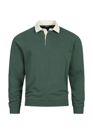 Groene pullovertrui met een witte kraag, gemaakt van een gestructureerde stof. Heeft lange mouwen en een klein logo op de borst.