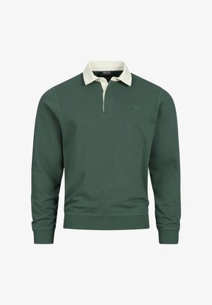 Grøn striktrøje med hvid krave, lavet af et struktureret stof. Den har lange ærmer og et lille logo på brystet.