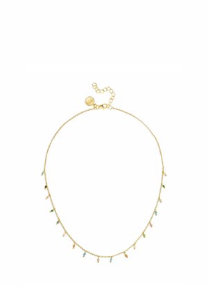 Delikatna ogrlica od zlatnog lanca s malim višebojnim draguljskim privjescima ravnomjerno raspoređenim duž cijele dužine i kopčom na hvataljku.