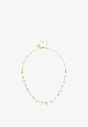 Delicate gold chain necklace with small multicolored gemstone charms evenly spaced along the length and a lobster clasp closure.