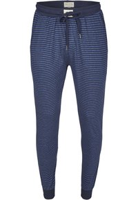 Marineblauwe joggers met verticale strepen, elastische tailleband met trekkoord en ribgebreide boorden voor een aansluitende pasvorm. Zacht, comfortabel materiaal.