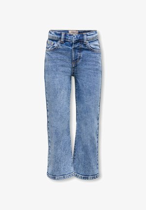 Sinised denimpüksid, millel on veidi laienev jala disain, viis taskut ja kontrastsed õmblusdetailid. Kanga pind on pehme ja kulunud.