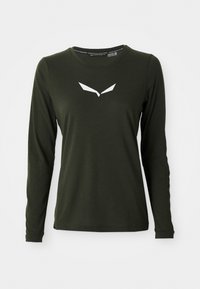 Long-sleeve shirt in dark green, made of soft fabric. Features a white logo design on the chest and a round neckline.