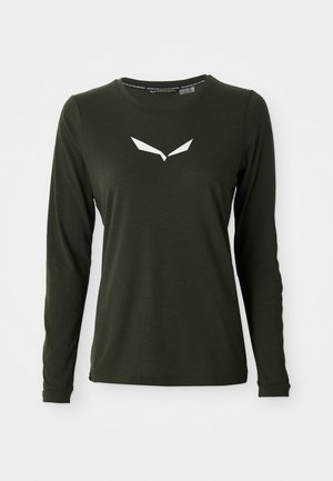Long-sleeve shirt in dark green, made of soft fabric. Features a white logo design on the chest and a round neckline.