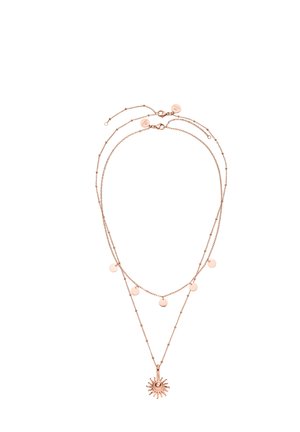 Doppelreihige Halskette aus Roségold mit kleinen runden Scheiben an der oberen Kette und einem sonnenförmigen Anhänger an der unteren Kette.